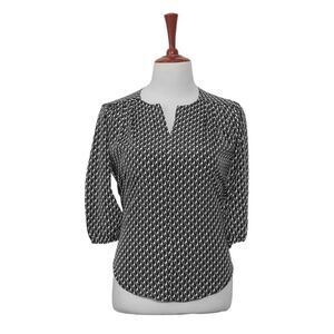 Womens Silky Blouse Black White Animal Print 3/4 Sleeve V-Neck Casual Top Large